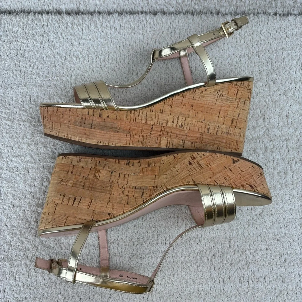 Kate Spade Sandal Womens 9M Gold Tallin Strappy Open Toe Espadrille Platform Wed